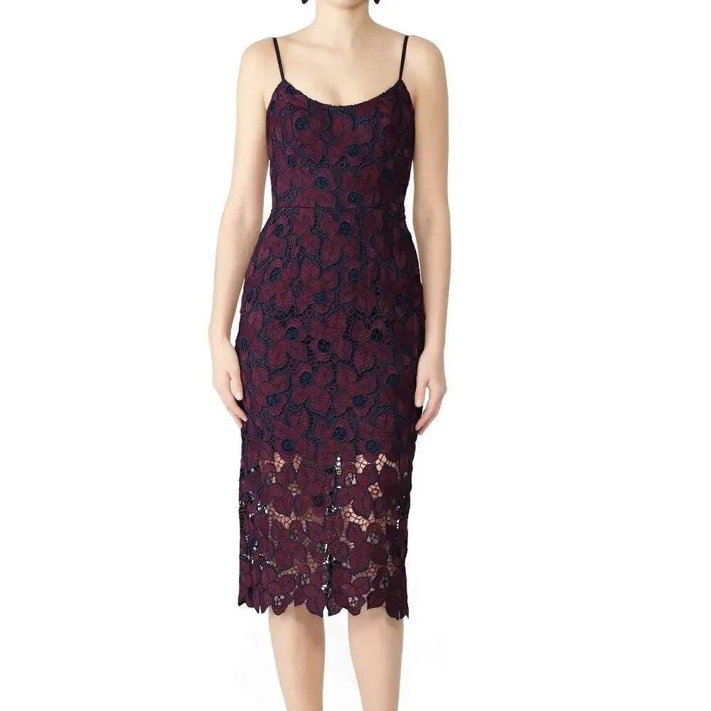 Dress the Population Aurora Lace Midi Dress Burgundy Navy Blue Floral Small